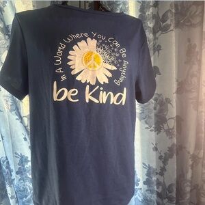 Blue Be kind positive T-shirt with sunflowers and peace signs